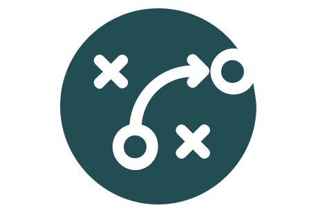 Grafik mit Pfeilen und Kreisen auf grünem Hintergrund – symbolisiert strategischen Support und Prozessoptimierung für Lexware Office